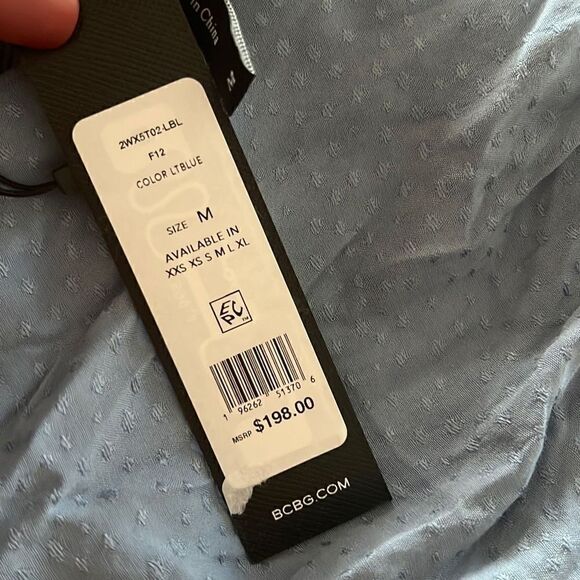 BCBGMaxazria Jacquared Ruched Balloon-Sleve Light Blue Peplum Top - Picture 5 of 6